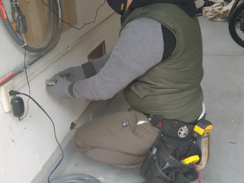 Electrician performing outlet wiring in a Colton garage